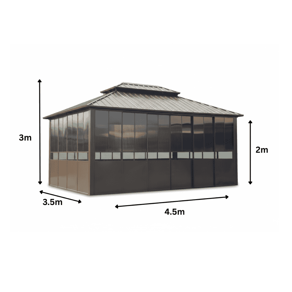 Outdoor double roof gazebo with thermal polycarbonate sliding doors, showcasing a sturdy frame and spacious design by The Outdoor Furniture Market.