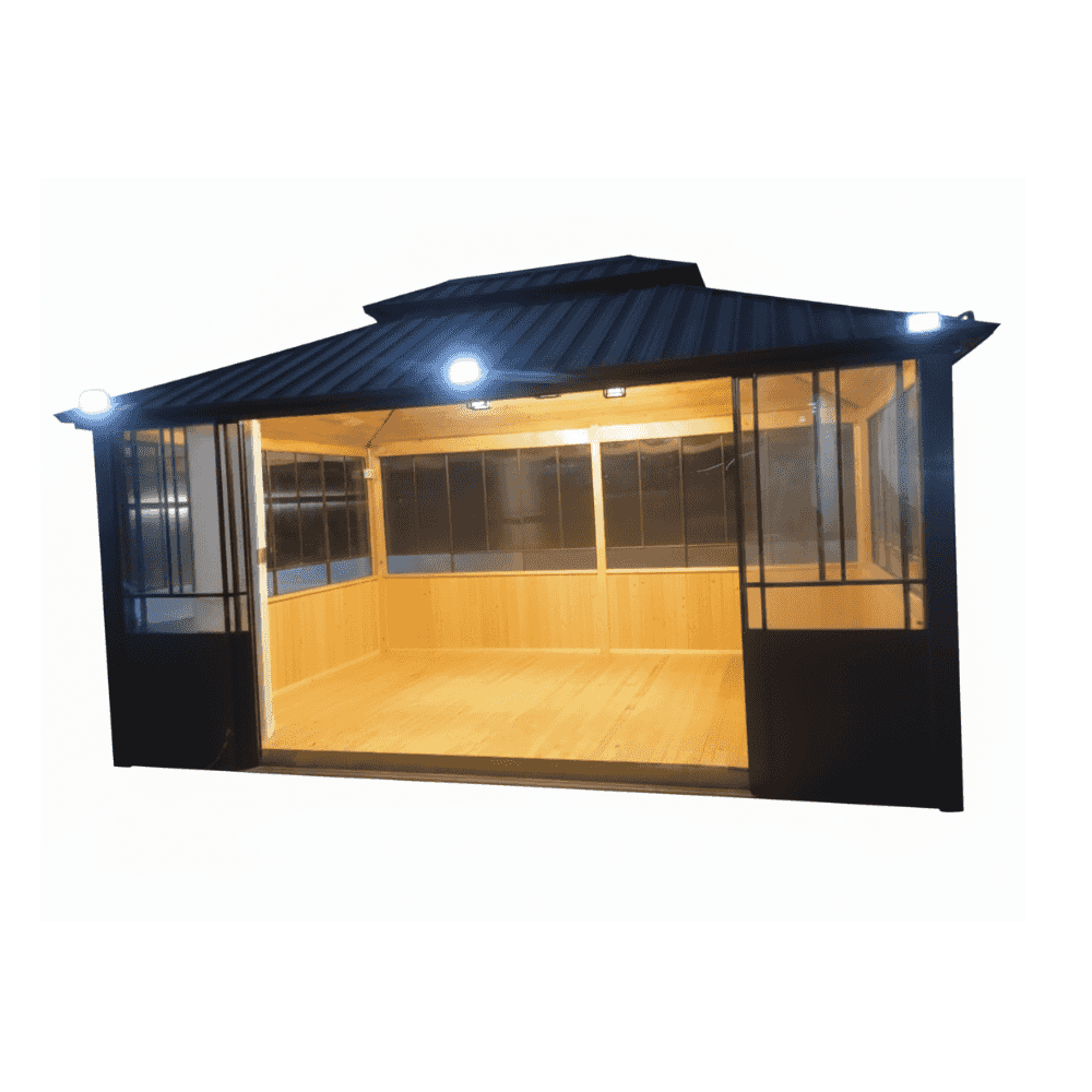 Outdoor double roof gazebo with thermal polycarbonate sliding doors, featuring a sturdy frame and spacious design for outdoor comfort.