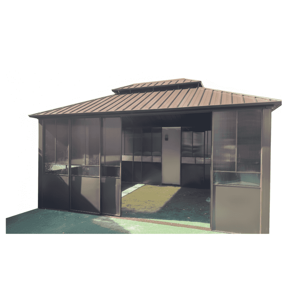 Outdoor double roof gazebo by The Outdoor Furniture Market with thermal polycarbonate sliding doors and sturdy metal frame.