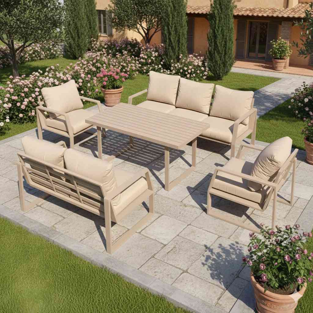 Outdoor Elegance 7-seater aluminum garden sofa set with beige cushions, stylish outdoor furniture by The Outdoor Furniture Market.