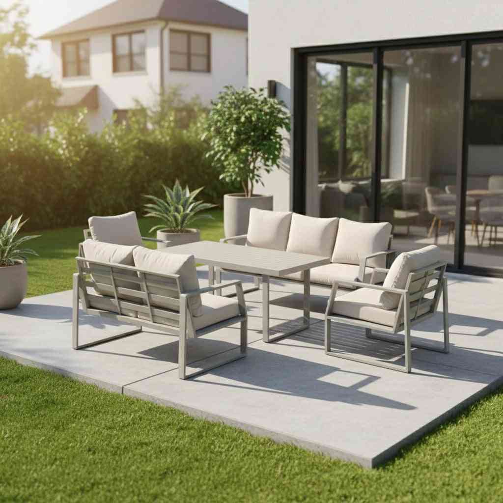 Outdoor Elegance 7-seater aluminum garden sofa set in khaki with cushioned seats and armrests, ideal for outdoor lounging.