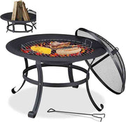 Round outdoor fire pit BBQ grill, 76cm, set up in a garden patio, showcasing the cooking station design.
