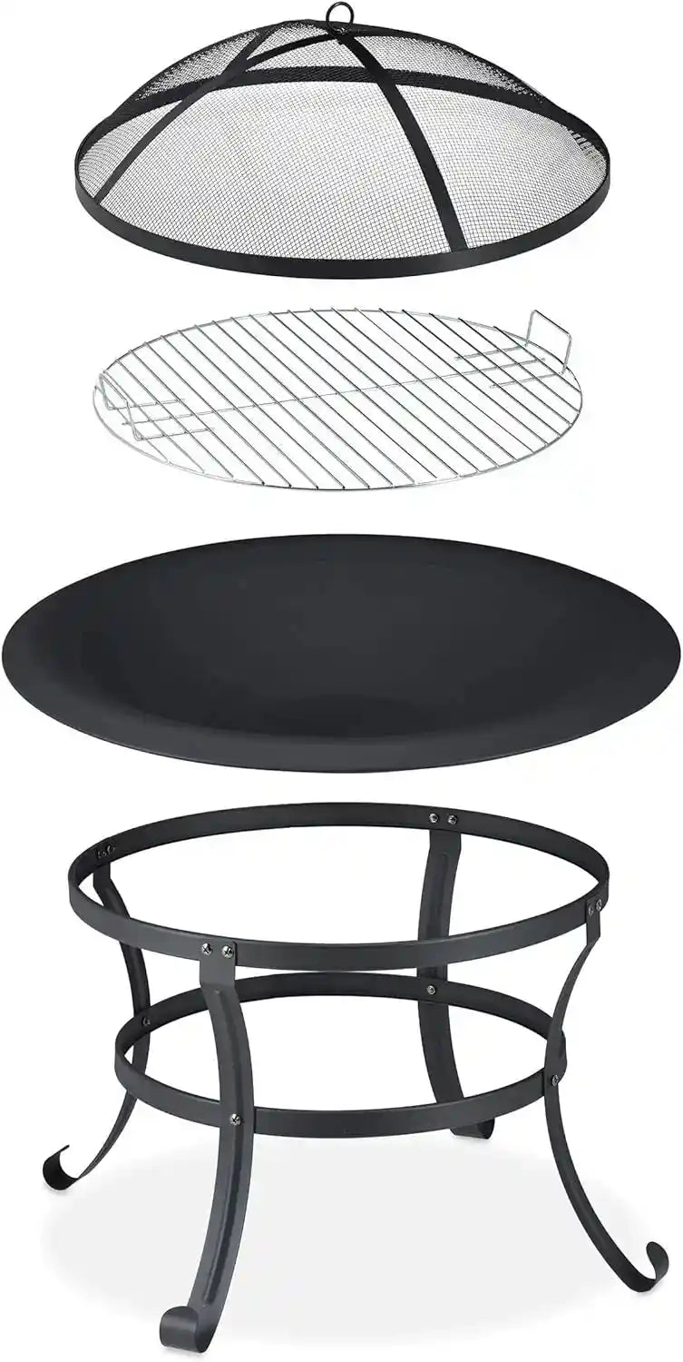 outdoor fire pit BBQ grill, 76cm round design, set on a patio, ideal for cooking and heating in the garden.