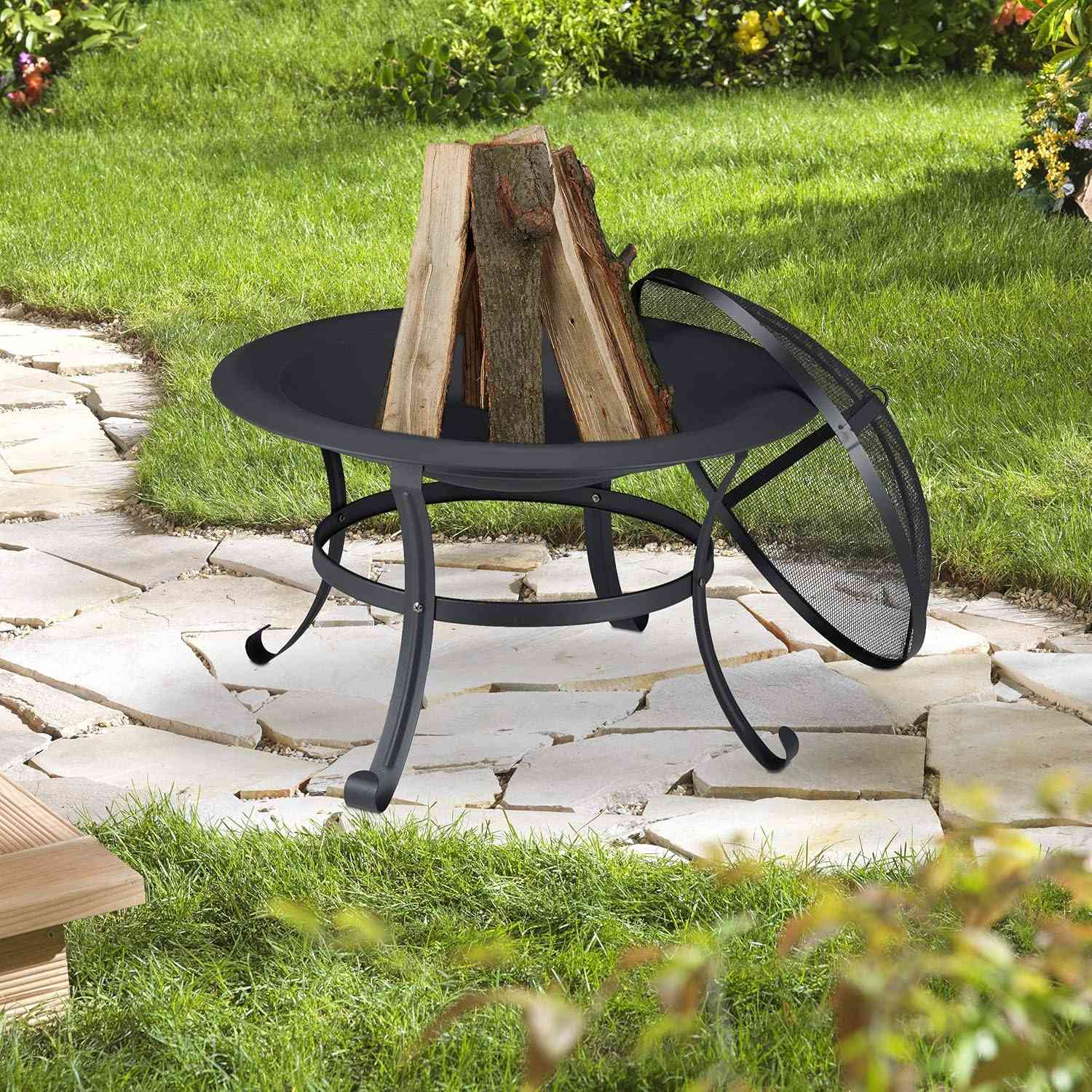 Round outdoor fire pit BBQ grill by , 76cm, perfect for garden patio heating and cooking.