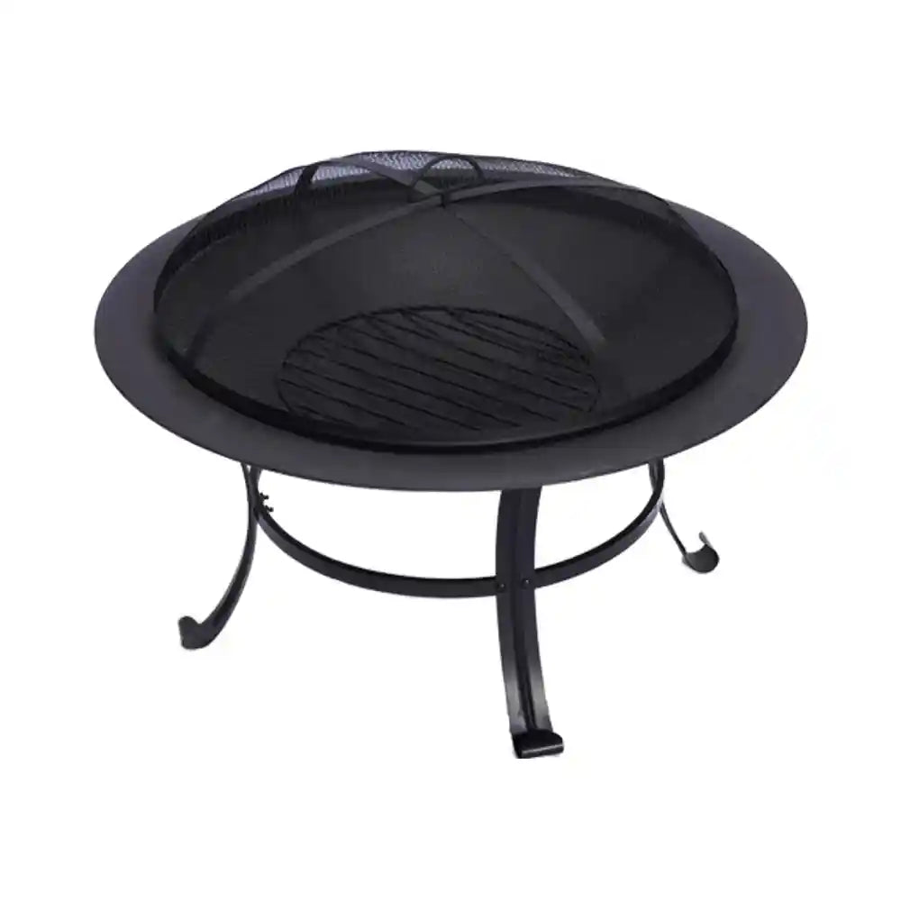 Round outdoor fire pit BBQ grill, 76cm, set up in a garden, featuring a cooking station and patio heater design.