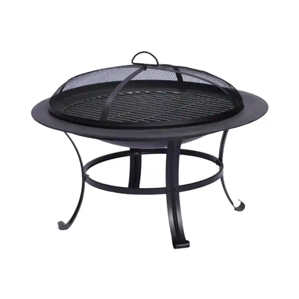 Round outdoor fire pit BBQ grill, 76cm, set up in a garden patio for heating and cooking.