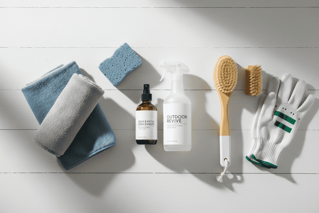 Outdoor furniture cleaning kit with spray bottle, microfiber cloths, and brush on white surface