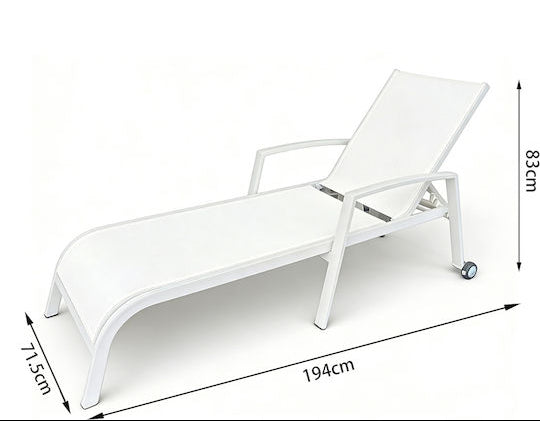 White modern outdoor sun lounger with dimensions, available at The Outdoor Furniture Market.