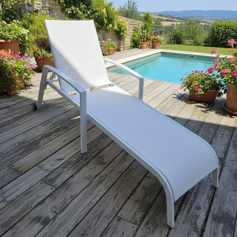 White modern outdoor lounge chair on a wooden poolside deck at The Outdoor Furniture Market