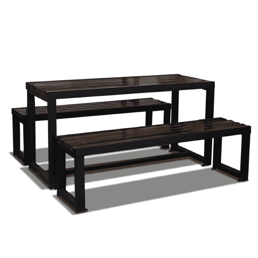 Outdoor picnic table set featuring wooden slats and a sturdy metal frame by . Ideal for outdoor dining.