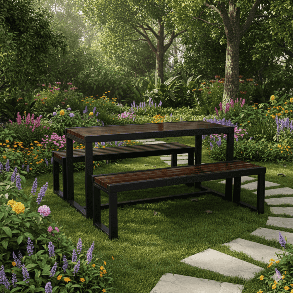 Outdoor picnic table set featuring wooden slats and a sturdy metal frame by .