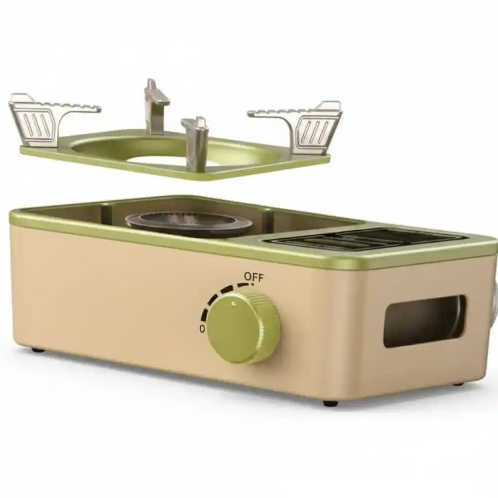 DaytoDay outdoor portable butane gas camping stove with powerful flame, green color, ideal for camping and outdoor cooking.
