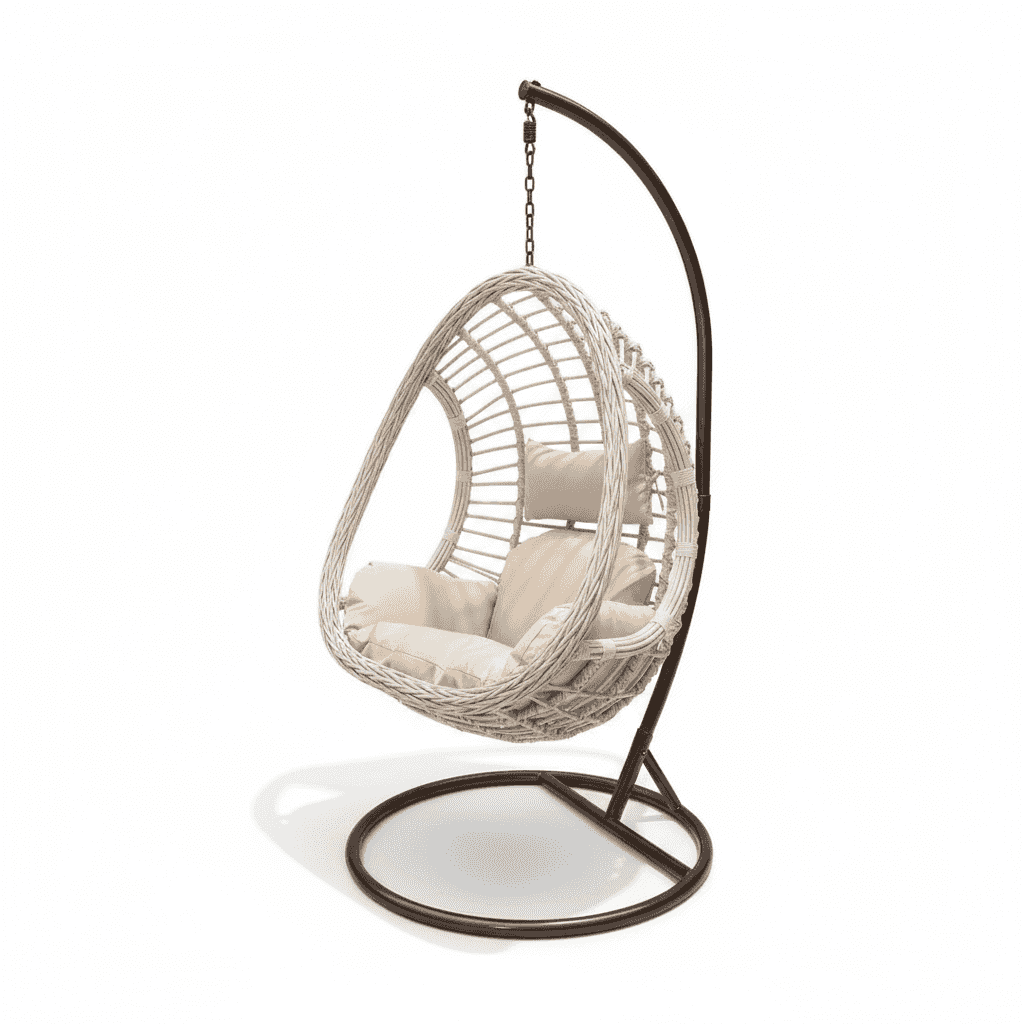 Outdoor rattan swing chair from The Outdoor Furniture Market, featuring a cozy design for outdoor lounging and relaxation.