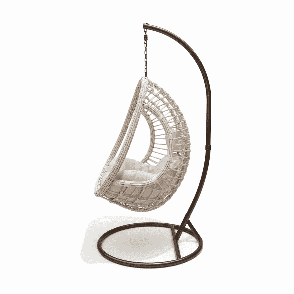 Outdoor rattan swing chair from The Outdoor Furniture Market with a cozy cushion, perfect for outdoor lounging and relaxation.