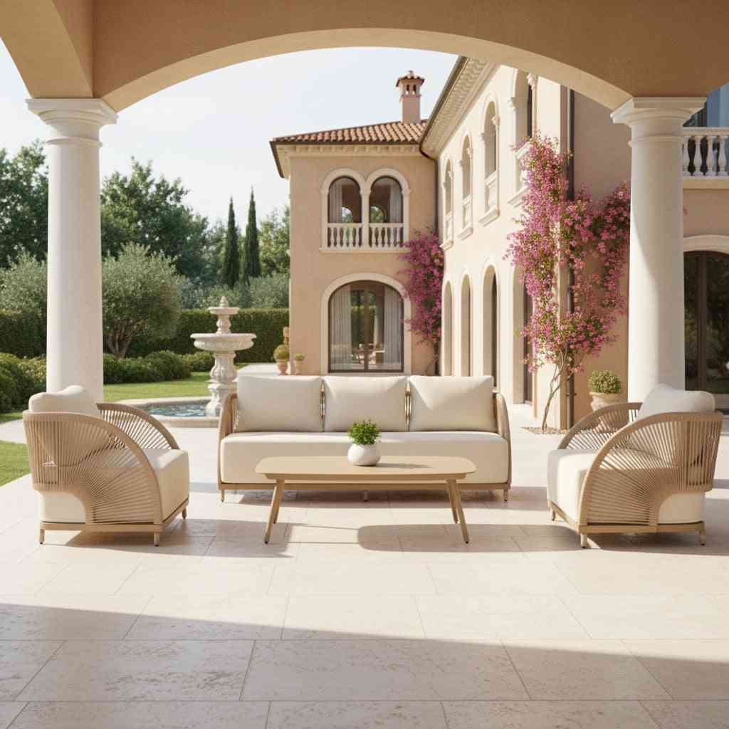 Outdoor sofa set with coffee table by The Outdoor Furniture Market, featuring aluminum frame and rope design for patio comfort.