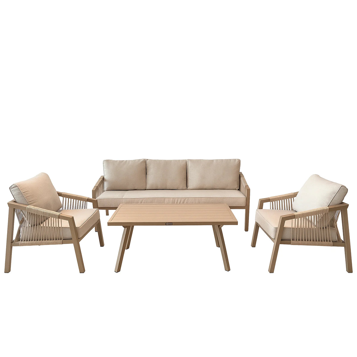 A 4-piece outdoor patio conversation set featuring a three-seater sofa, two armchairs, and a rectangular coffee table. The furniture has light natural wood frames and cream-colored cushions, set against a plain white background.