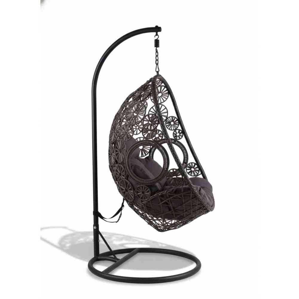 Ovel outdoor hanging swing chair by The Outdoor Furniture Market featuring a cozy, woven design and sturdy hanging ropes.