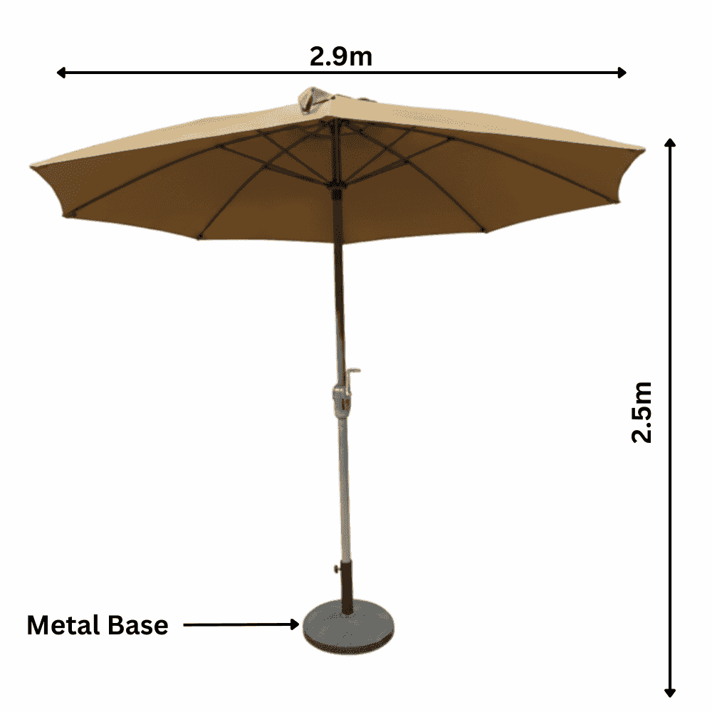 Outdoor patio umbrella with a sturdy metal base from The Outdoor Furniture Market, ideal for providing shade in outdoor spaces.
