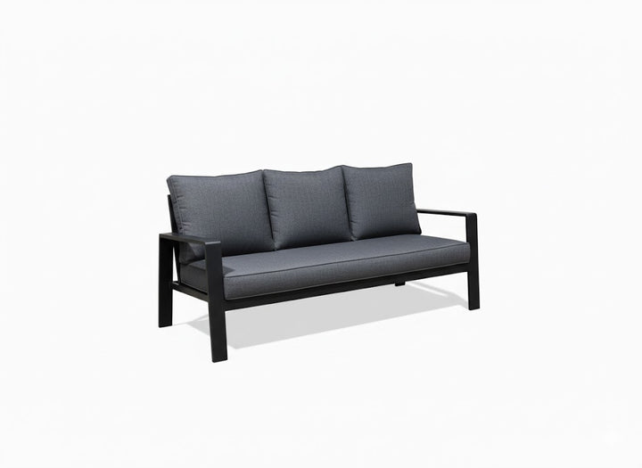 5-Piece Black Aluminium Outdoor Sofa Set | Dark Grey Cushions | Bench & Slatted Table