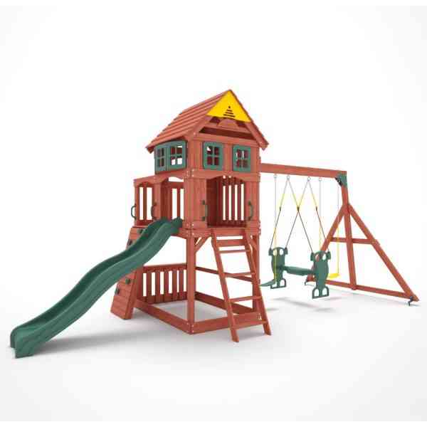 Kiddoro Playful Peaks Swing Set with treehouse, swings, and slide for kids outdoor play in a backyard setting.