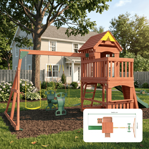 Kiddoro Playful Peaks Swing Set with treehouse design, including swings and climbing features for kids outdoor play.