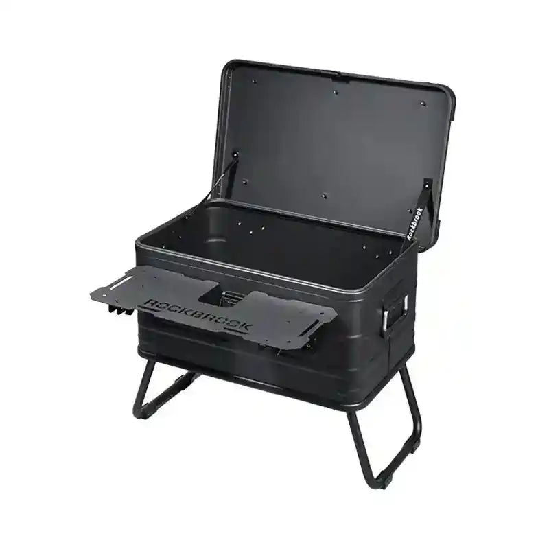 Portable foldable camping table with integrated multi-storage box and stand, black outdoor furniture from The Outdoor Furniture Market.
