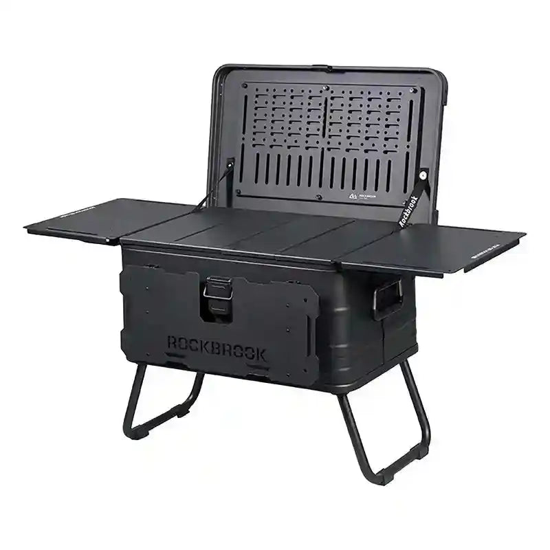 Black portable foldable camping table with built-in multi-storage box and stand, ideal for outdoor adventures by The Outdoor Furniture Market.