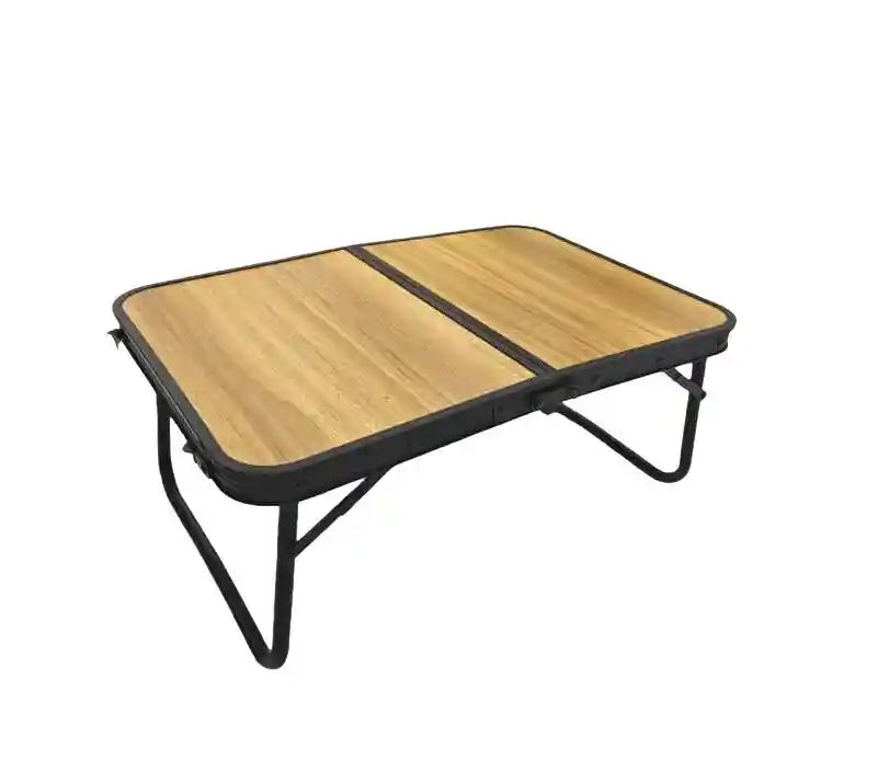 Portable folding camping table by with a carry handle, showcasing its compact design and sturdy build.