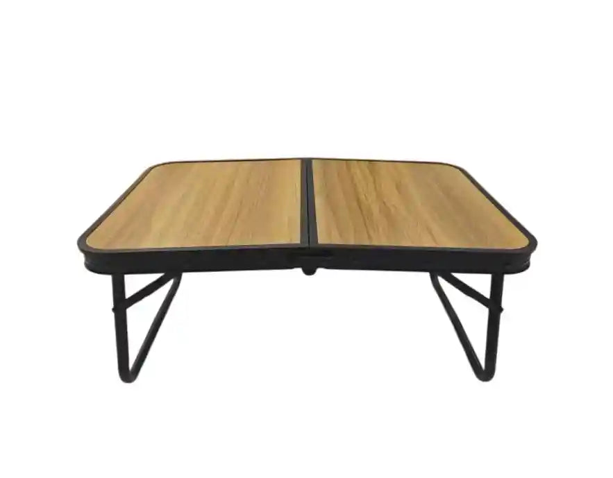 Portable folding camping table by with a carry handle, showcasing a compact design ideal for outdoor use.