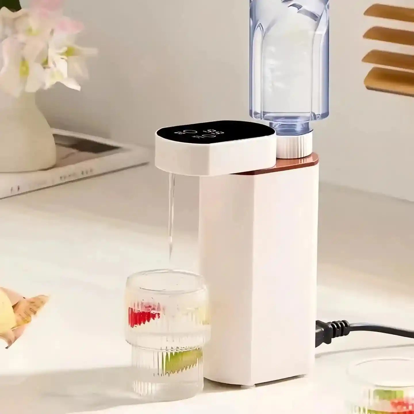 Portable instant hot water dispenser with adjustable temperatures and sleek design for outdoor use.