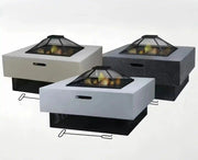 Square outdoor fire pit and BBQ grill by The Outdoor Furniture Market, featuring a portable garden stove for outdoor cooking and fireplace use.