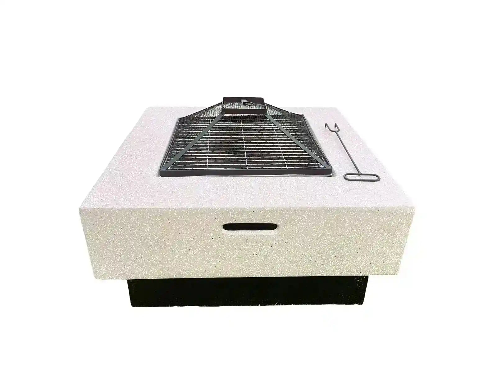 Square-shaped portable outdoor fire pit and BBQ grill by The Outdoor Furniture Market, perfect for garden cooking and outdoor fires.