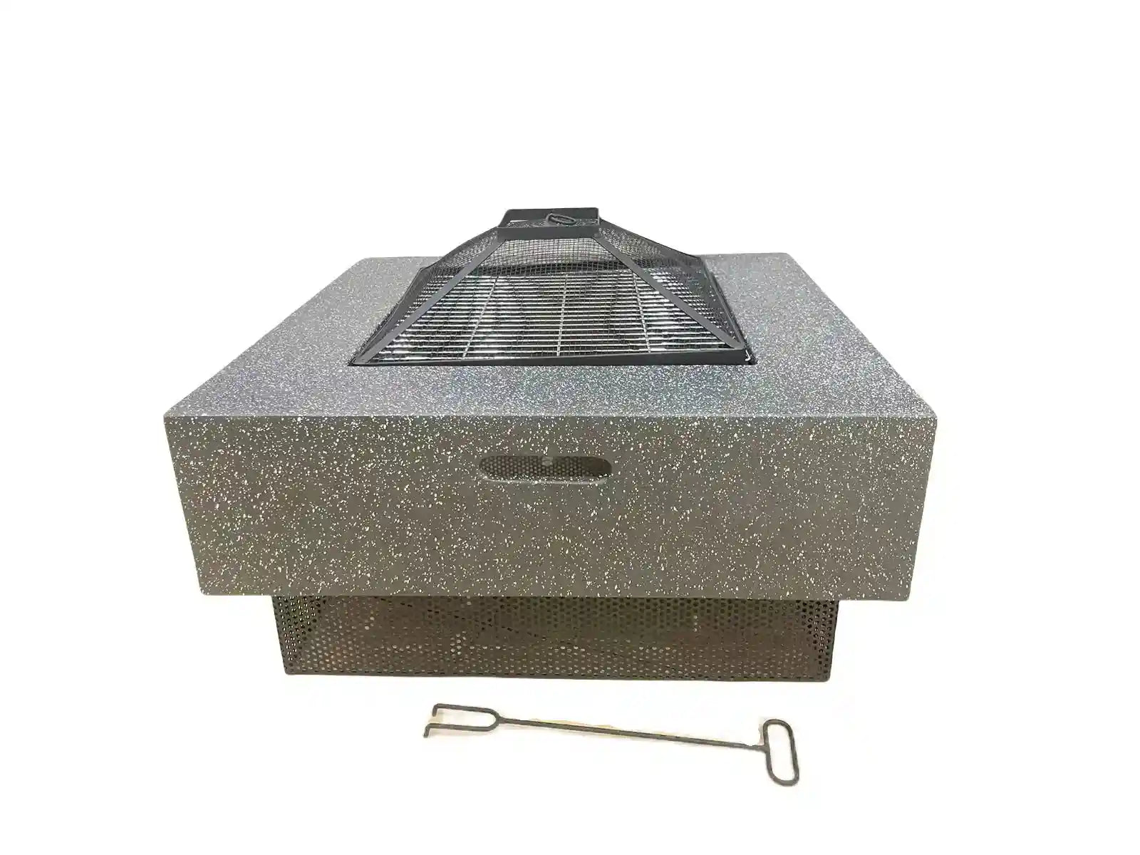 Square outdoor fire pit and BBQ grill by The Outdoor Furniture Market, featuring a sturdy design for garden cooking and outdoor warmth.