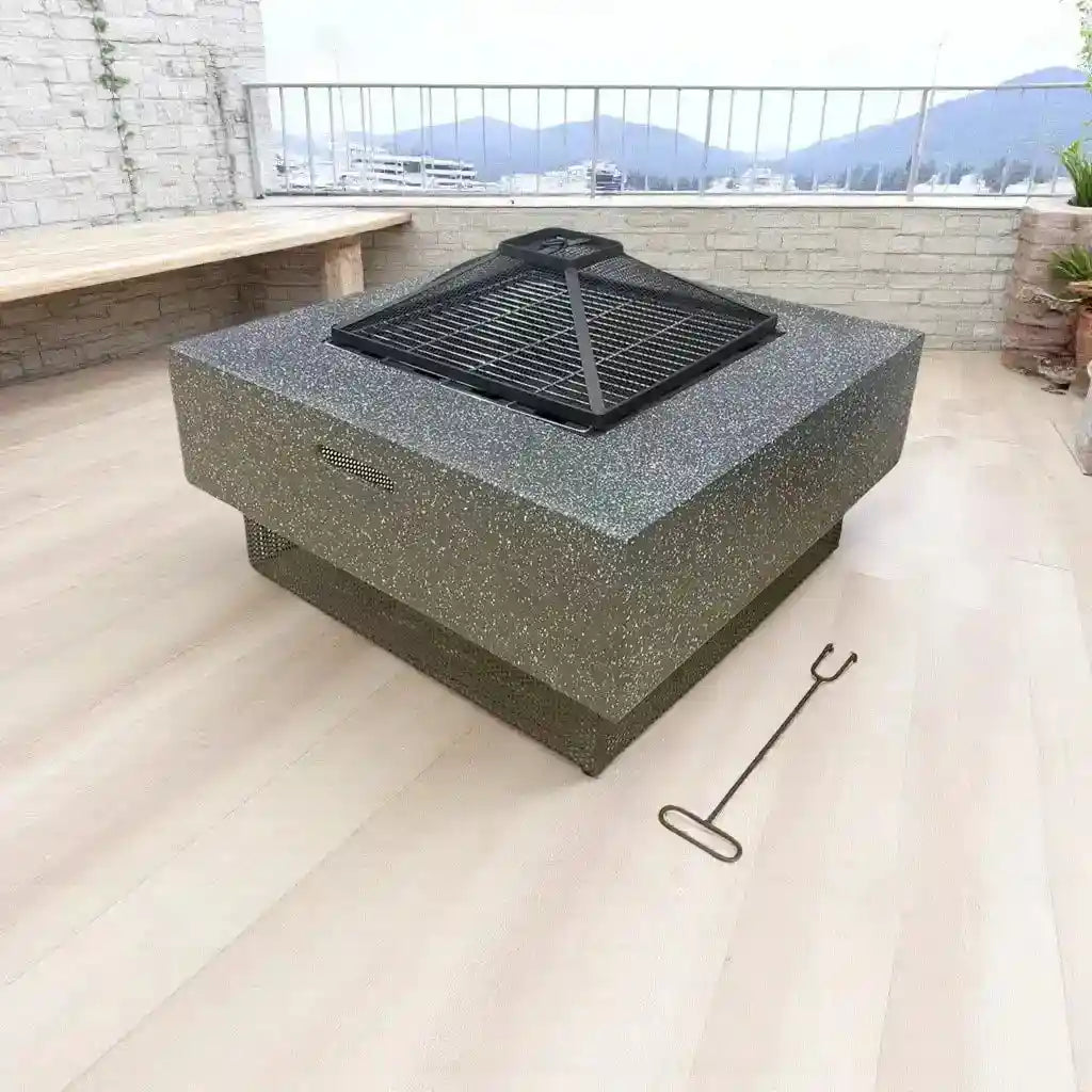 Square-shaped portable outdoor fire pit and BBQ grill by The Outdoor Furniture Market, suitable for garden cooking and outdoor fires.