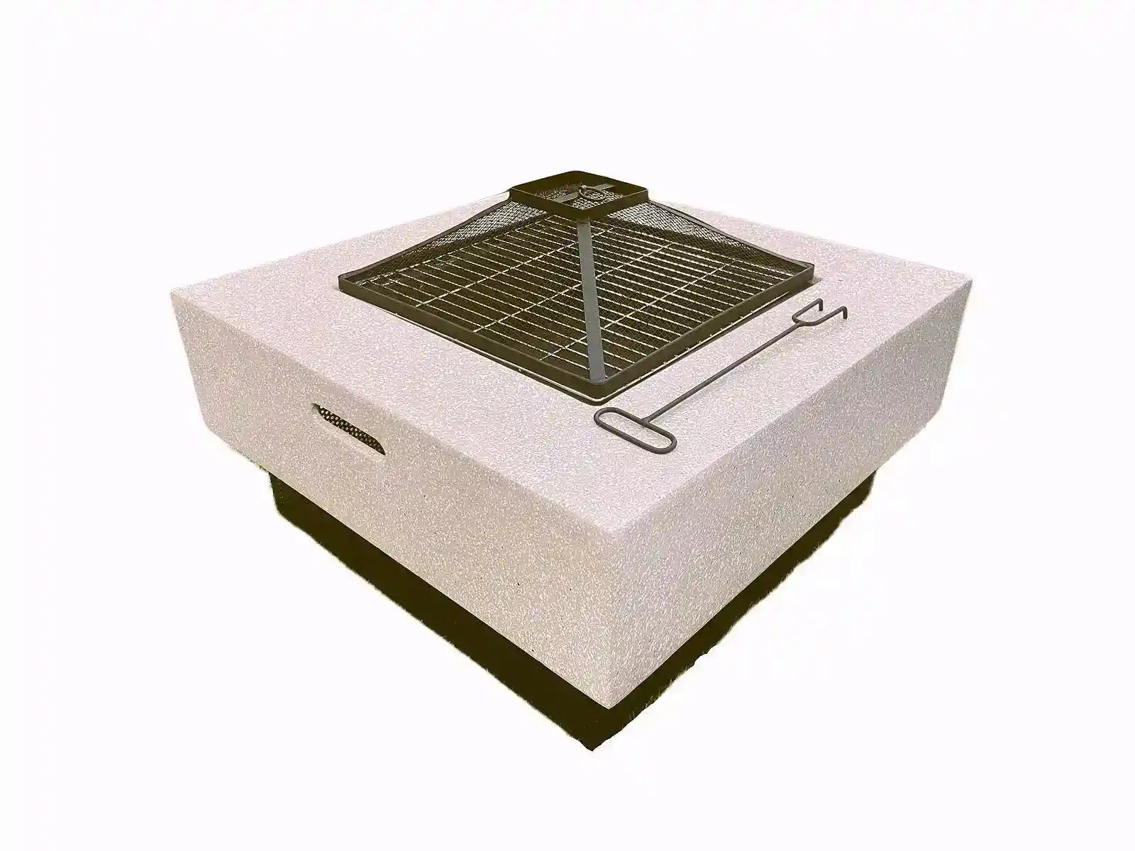 Square-shaped portable outdoor fire pit and BBQ grill with a garden stove design, ideal for outdoor cooking and fireplace use.