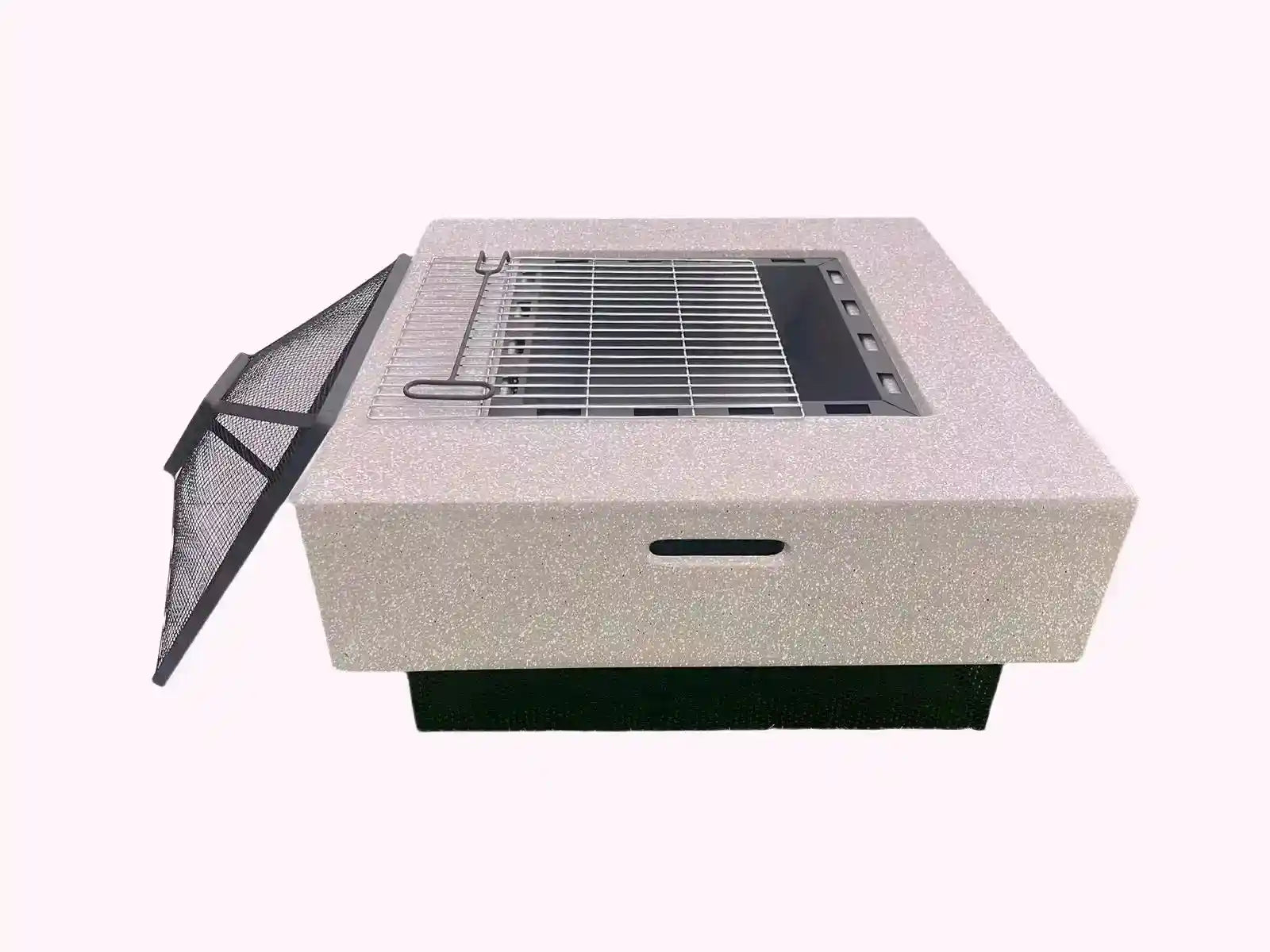 Square-shaped portable outdoor fire pit and BBQ grill by The Outdoor Furniture Market, perfect for garden outdoor cooking and fireplace use.
