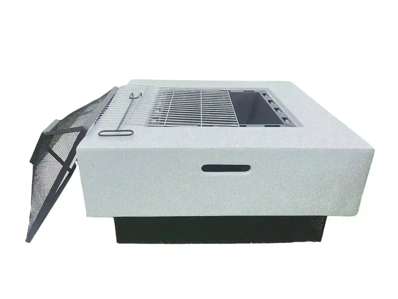 Square-shaped portable outdoor fire pit and BBQ grill by The Outdoor Furniture Market, ideal for garden stove and outdoor cooking.