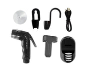 Portable electric bidet camping shower sprayer kit with bucket and hand holder, ideal for outdoor showering needs.