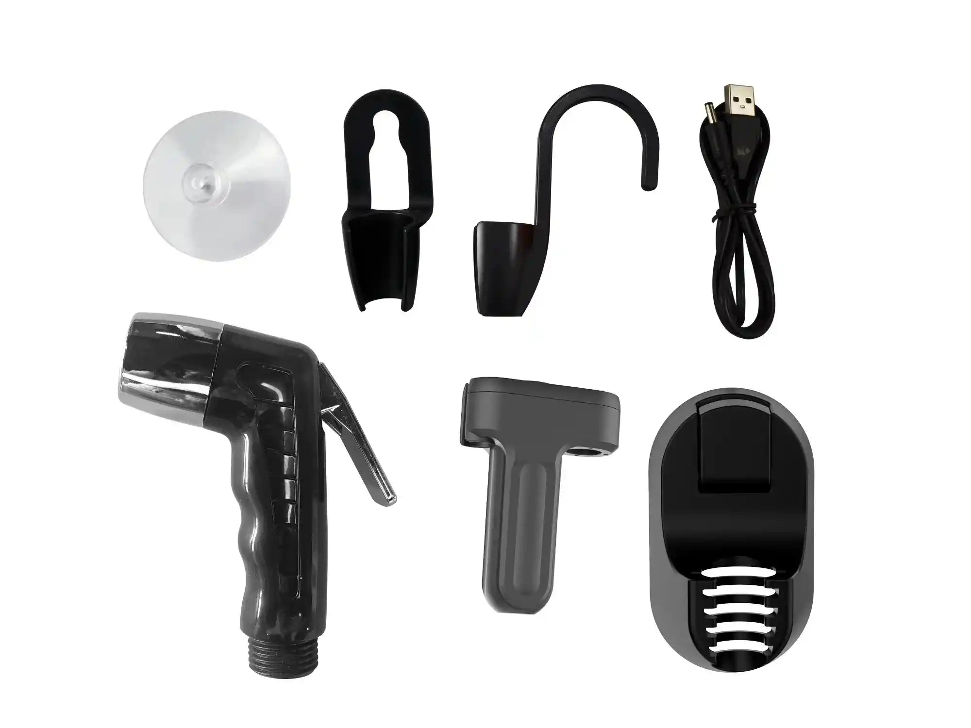 Portable electric bidet camping shower sprayer kit with bucket and hand holder, ideal for outdoor showering needs.