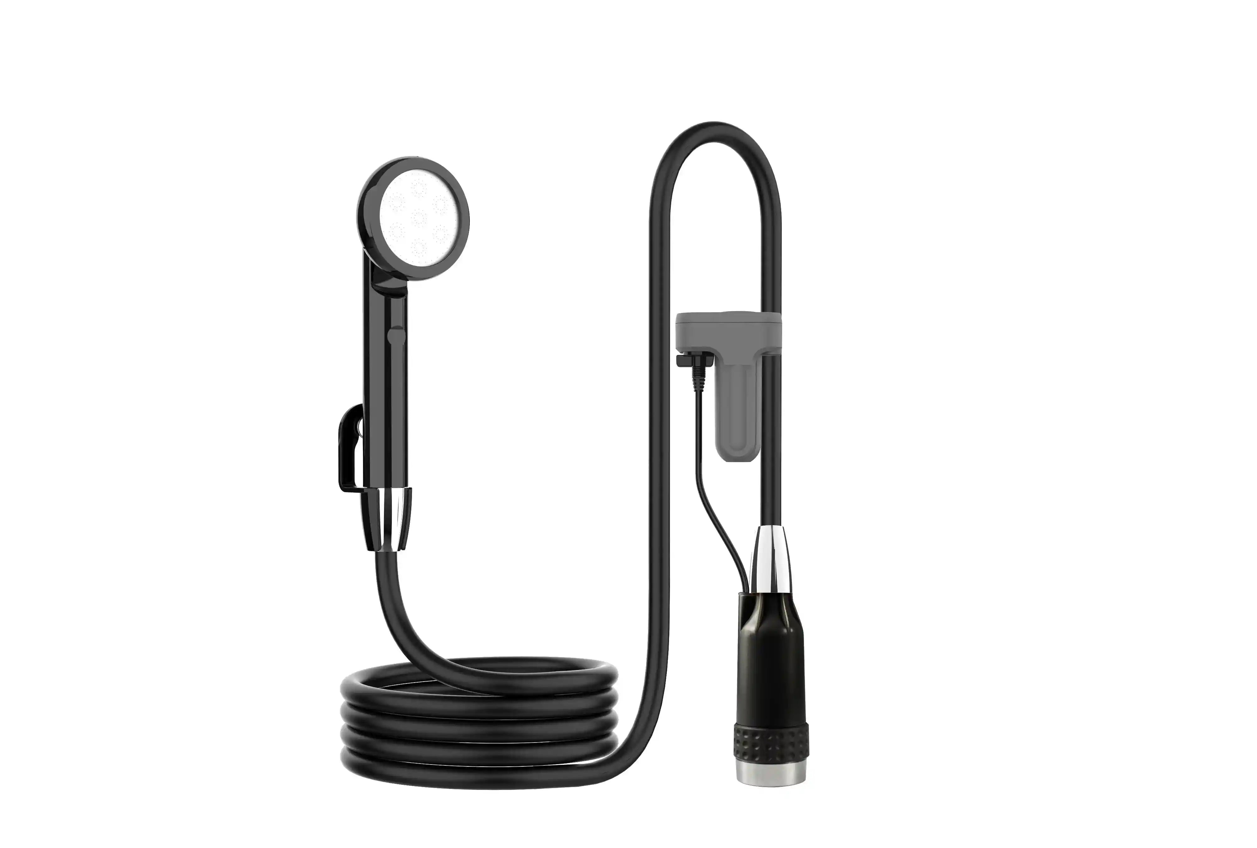 Portable electric bidet shower kit with bucket and hand holder, ideal for camping and outdoor shower needs.