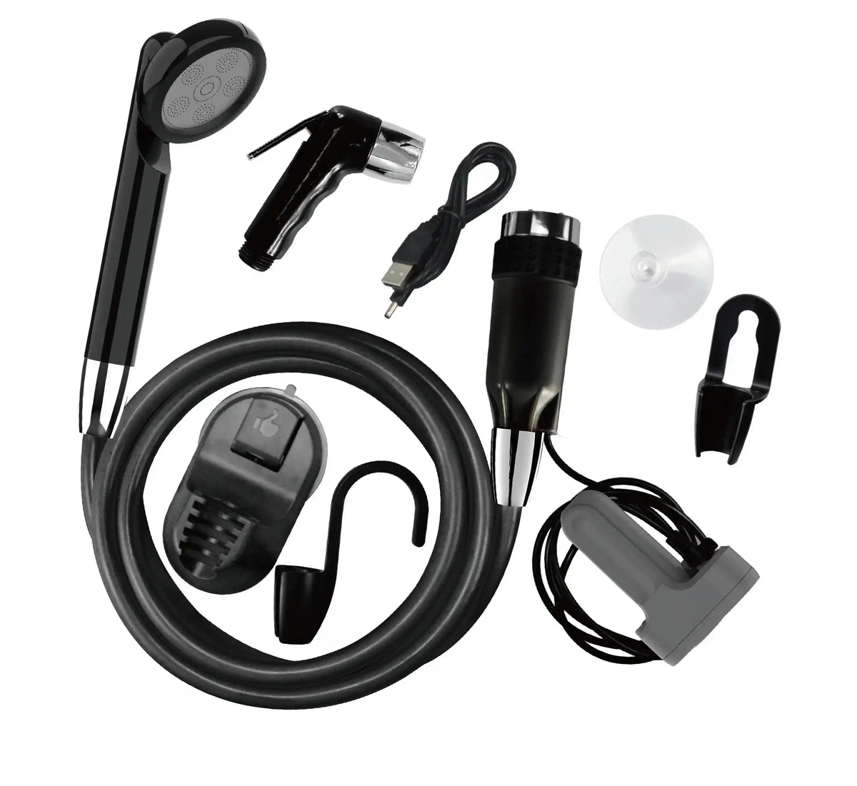 Portable electric bidet camping shower sprayer kit with bucket and hand holder, ideal for outdoor showers and travel use.