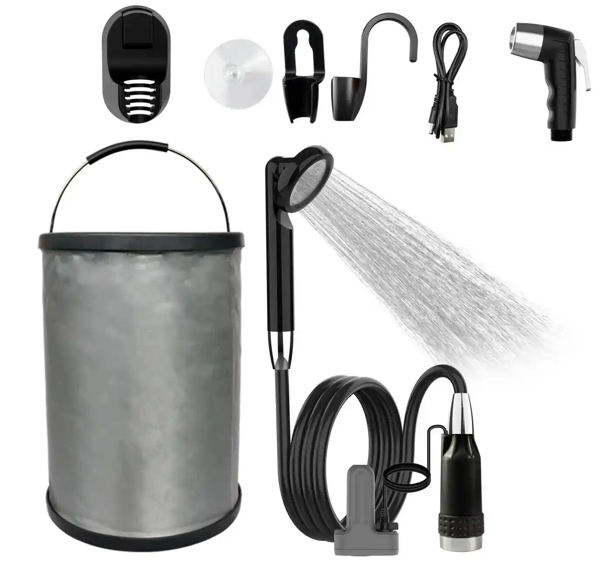 Portable electric bidet camping shower sprayer kit with bucket and hand holder, ideal for outdoor showering and travel use.
