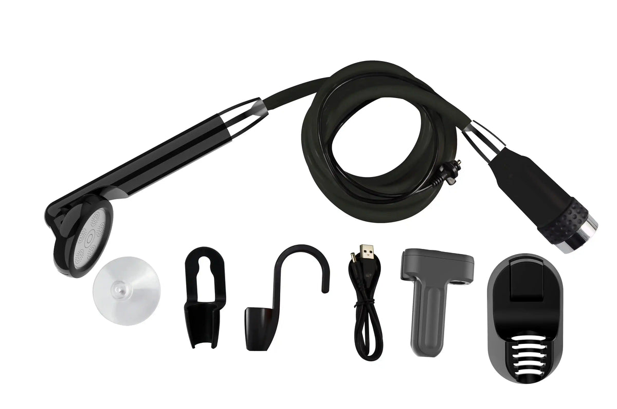 Portable electric bidet camping shower sprayer kit with bucket and hand holder, ideal for outdoor showering and personal hygiene.