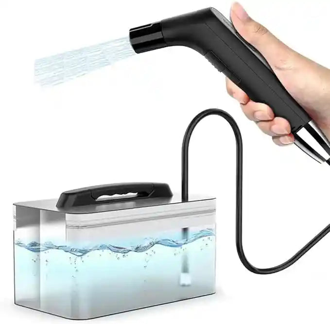 Portable Shattaf travel bidet sprayer with 2.3L water container for hygiene cleaning, compact and easy to use.