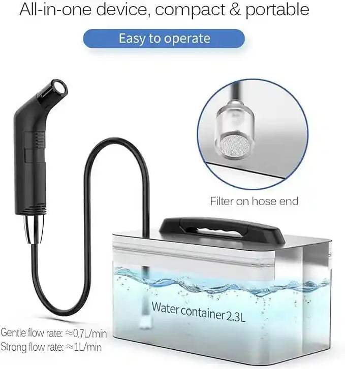 Portable Shattaf travel bidet sprayer with 2.3L water container for hygiene cleaning, ideal for travel and outdoor use.