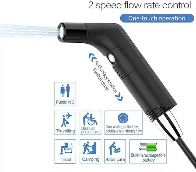 Portable Shattaf travel bidet sprayer with 2.3L water container for personal hygiene cleaning, ideal for travel and outdoor use.