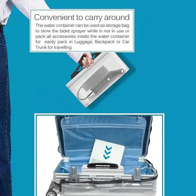 Portable Shattaf travel bidet sprayer with 2.3L water container for hygienic cleaning, ideal for travel and outdoor use.