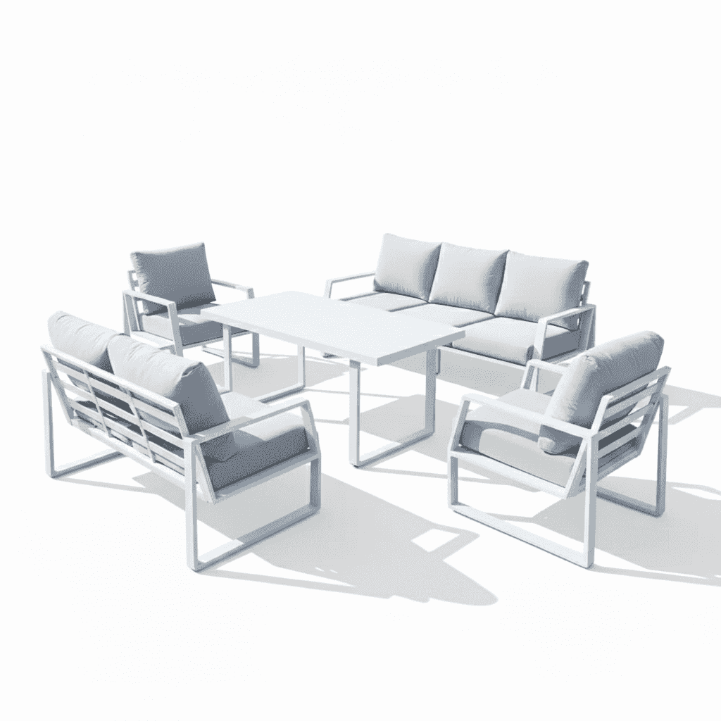 Outdoor sofa set by The Outdoor Furniture Market with white plush cushions and aluminum frame for 7-seater outdoor lounging.