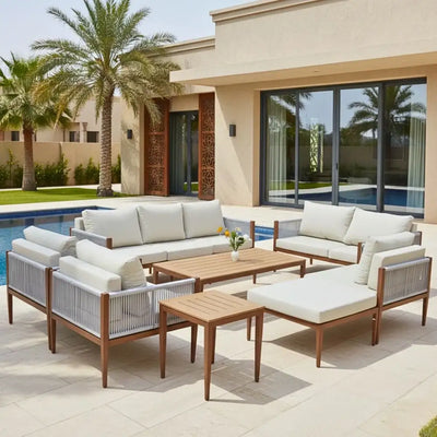 8-Seater Outdoor Garden Sofa Set | Aluminium Frame & Sponge Cushions | Grey/Beige