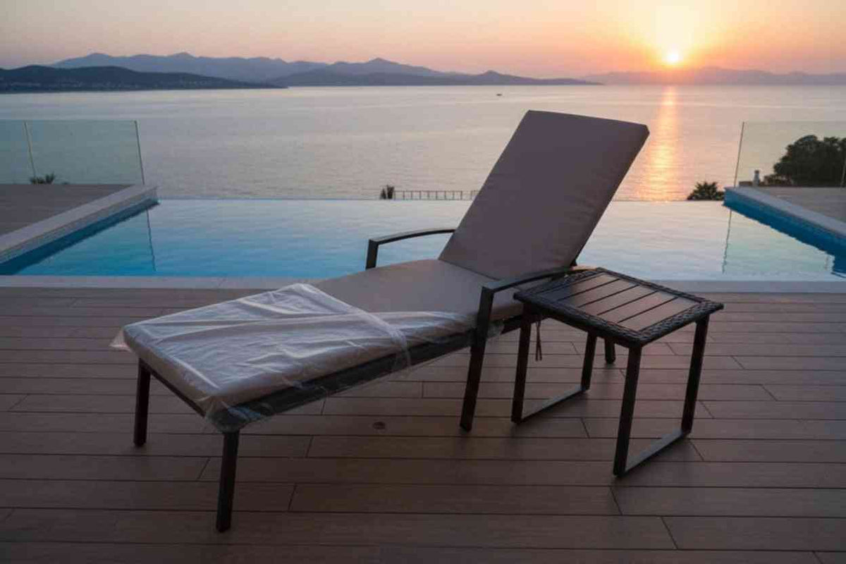 Premium aluminum outdoor sunbed with adjustable backrest and weather-resistant cushion from The Outdoor Furniture Market.